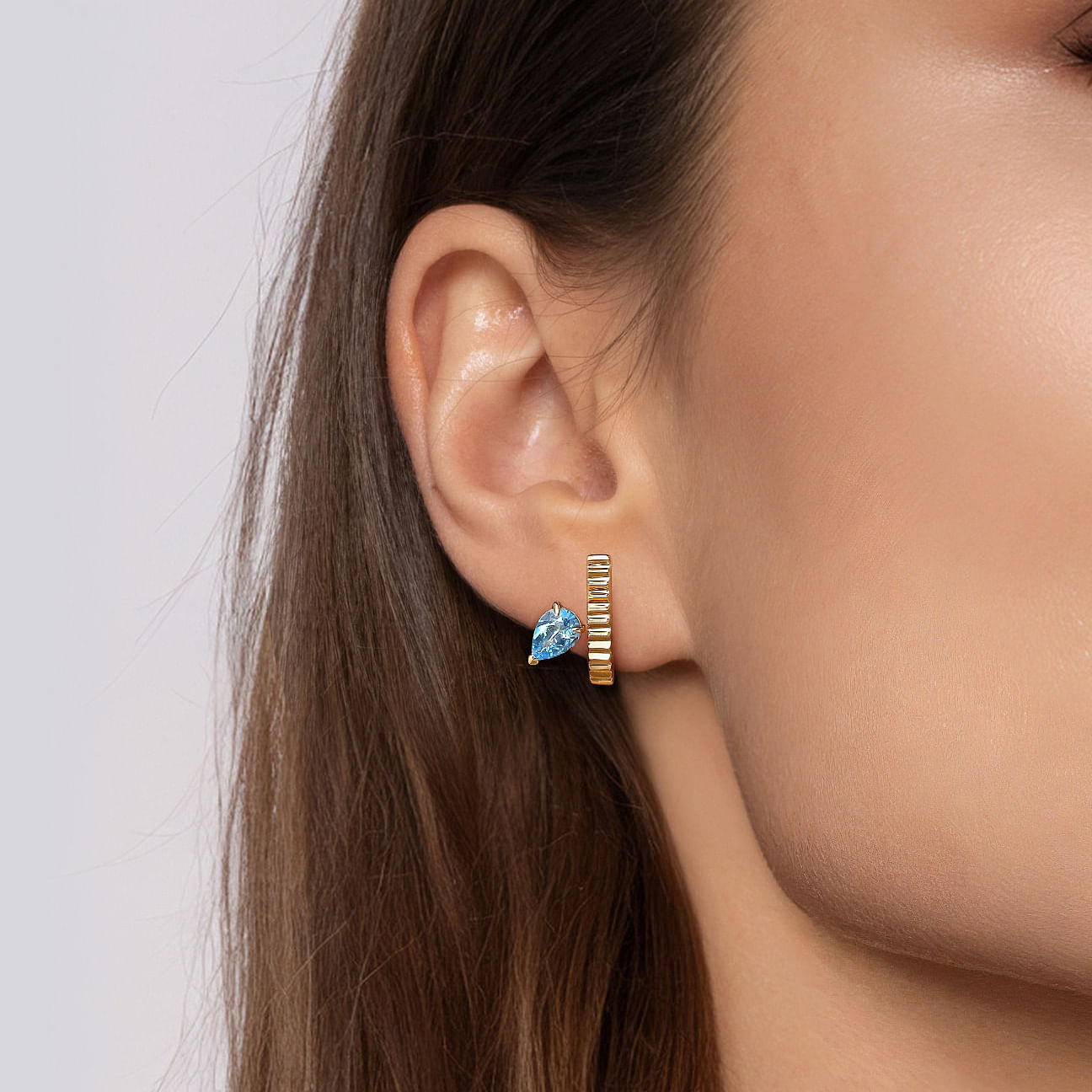 14K Yellow Gold Pear Shape Blue Topaz and Diamond Cut J-Hoop Earrings