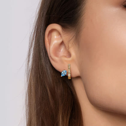 14K Yellow Gold Pear Shape Blue Topaz and Diamond Cut J-Hoop Earrings