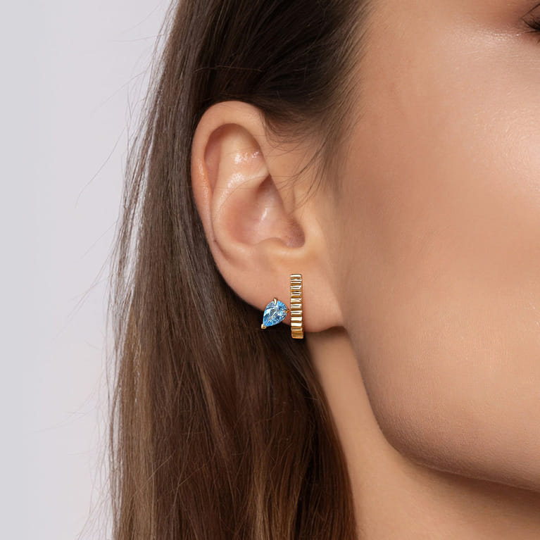 14K Yellow Gold Pear Shape Blue Topaz and Diamond Cut J-Hoop Earrings - Shot 2