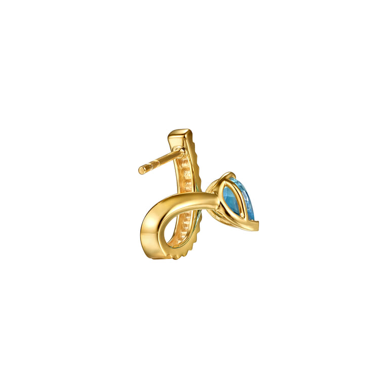 14K Yellow Gold Pear Shape Blue Topaz and Diamond Cut J-Hoop Earrings - Shot 3