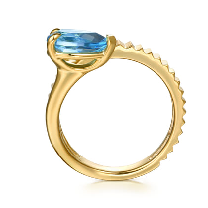 14K Yellow Gold Pear Shape Blue Topaz and Diamond Cut Ladies Ring