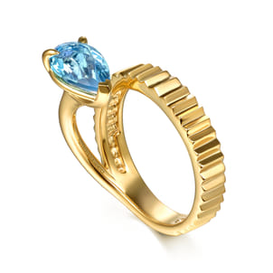14K Yellow Gold Pear Shape Blue Topaz and Diamond Cut Ladies Ring