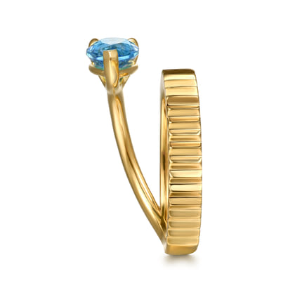 14K Yellow Gold Pear Shape Blue Topaz and Diamond Cut Ladies Ring