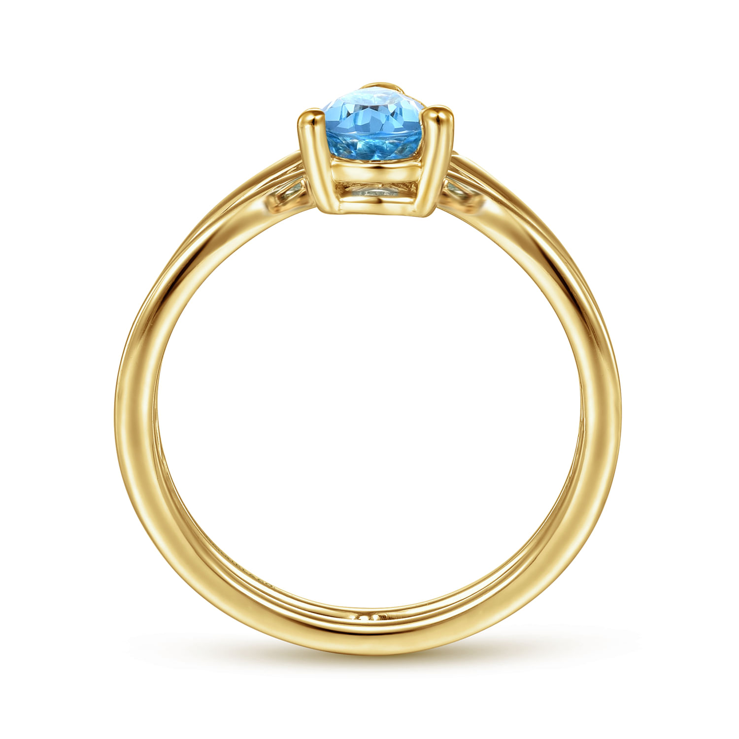 14K Yellow Gold Pear Shape Blue Topaz and Diamond V Ring