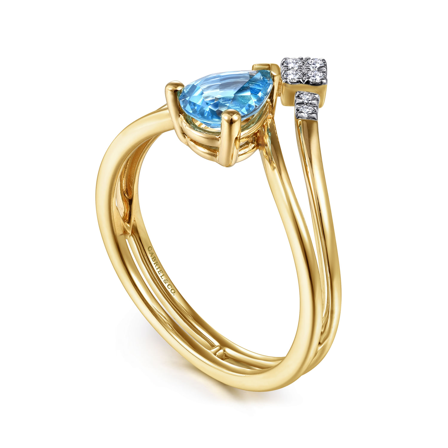 14K Yellow Gold Pear Shape Blue Topaz and Diamond V Ring