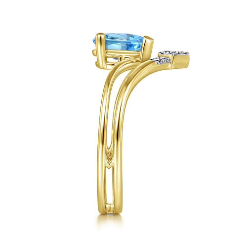 14K Yellow Gold Pear Shape Blue Topaz and Diamond V Ring - 0.05 ct - Shot 4