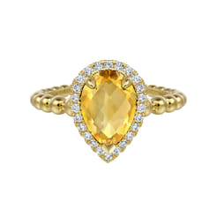 14K Yellow Gold Pear Shape Citrine with Diamond Halo Ring