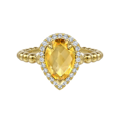14K Yellow Gold Pear Shape Citrine with Diamond Halo Ring