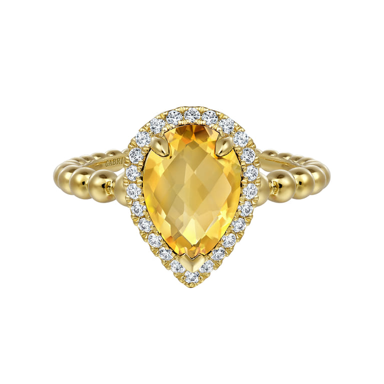 14K Yellow Gold Pear Shape Citrine with Diamond Halo Ring - 0.17 ct - Shot 1