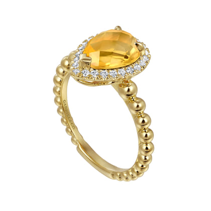 14K Yellow Gold Pear Shape Citrine with Diamond Halo Ring