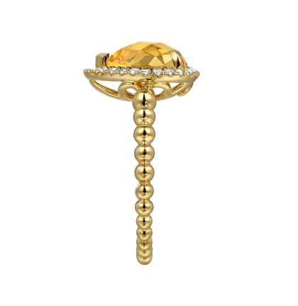 14K Yellow Gold Pear Shape Citrine with Diamond Halo Ring