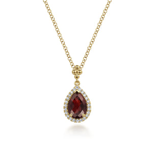 14K Yellow Gold Pear Shape Garnet with Diamond Halo Necklace