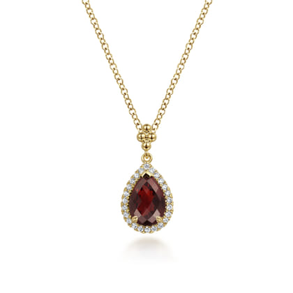 14K Yellow Gold Pear Shape Garnet with Diamond Halo Necklace