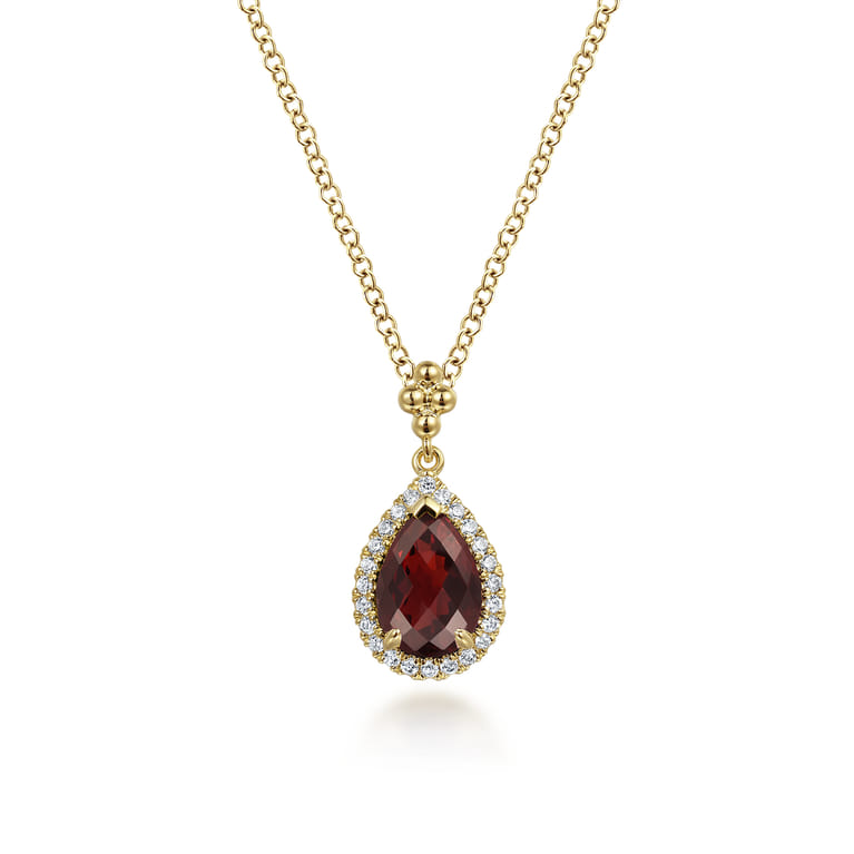 14K Yellow Gold Pear Shape Garnet with Diamond Halo Necklace - 0.18 ct - Shot 1