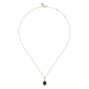 14K Yellow Gold Pear Shape Garnet with Diamond Halo Necklace