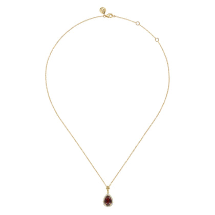 14K Yellow Gold Pear Shape Garnet with Diamond Halo Necklace