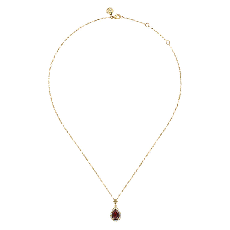 14K Yellow Gold Pear Shape Garnet with Diamond Halo Necklace - 0.18 ct - Shot 2