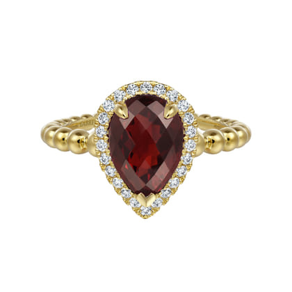 14K Yellow Gold Pear Shape Garnet with Diamond Halo Ring