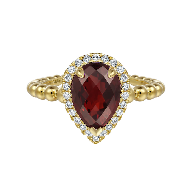 14K Yellow Gold Pear Shape Garnet with Diamond Halo Ring - 0.17 ct - Shot 1