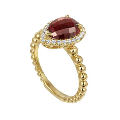 14K Yellow Gold Pear Shape Garnet with Diamond Halo Ring
