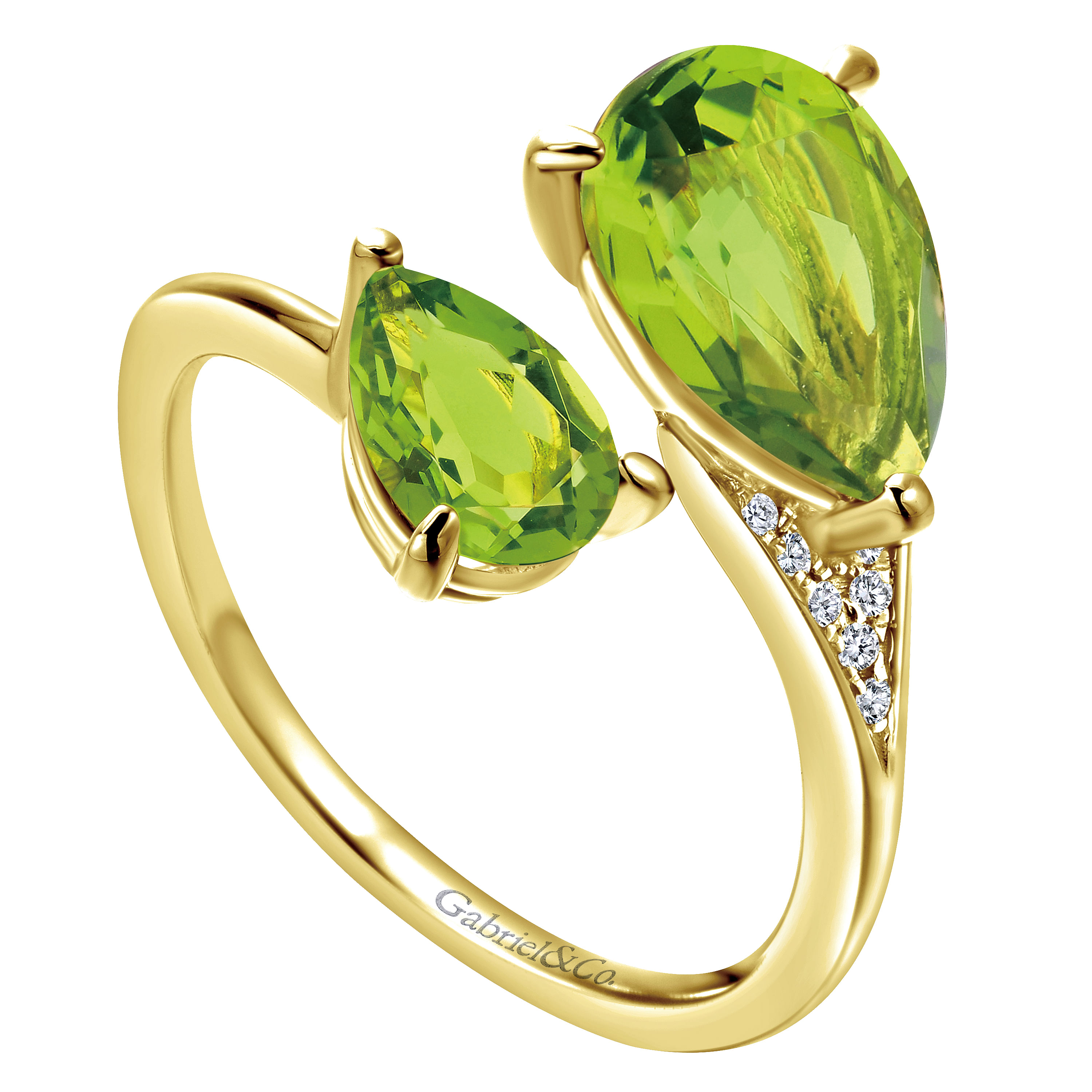 14K Yellow Gold Pear Shape Peridot Split Ring with Diamond Accents