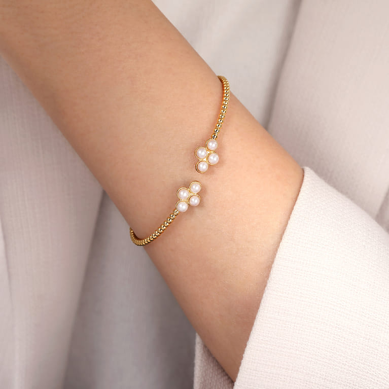 14K Yellow Gold Pearl Bujukan Open Bangle - Shot 4