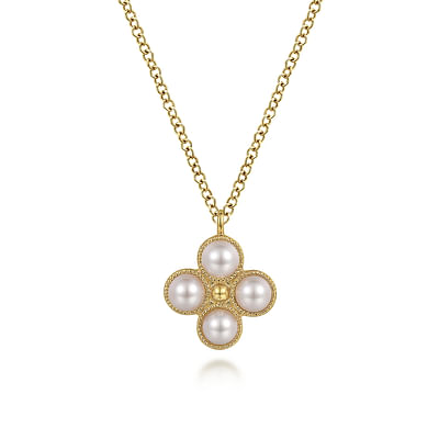14K Yellow Gold Pearl Clover Pendant Necklace