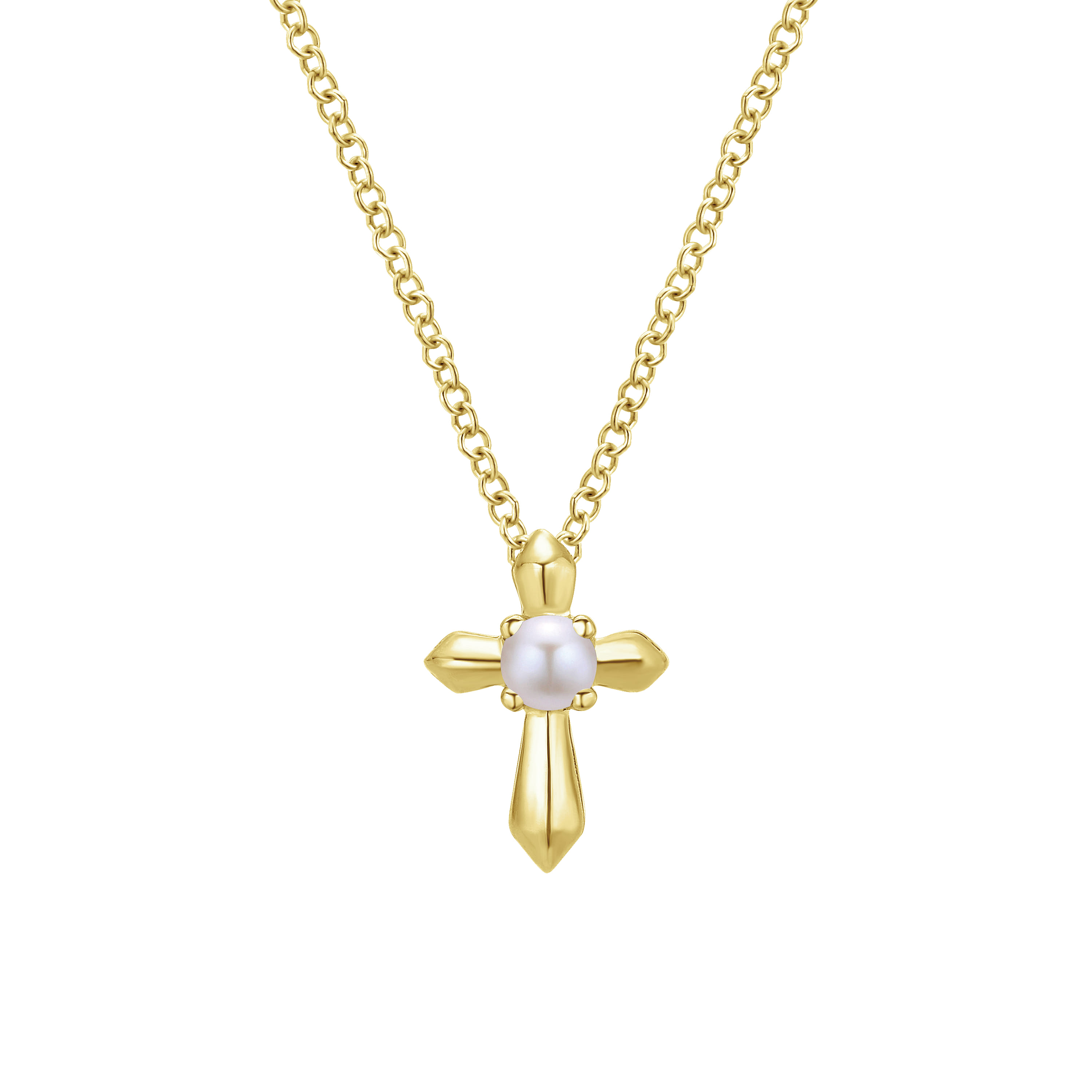 14K Yellow Gold Pearl Cross Pendant Necklace - Shot 1
