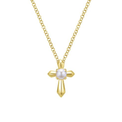 14K Yellow Gold Pearl Cross Pendant Necklace