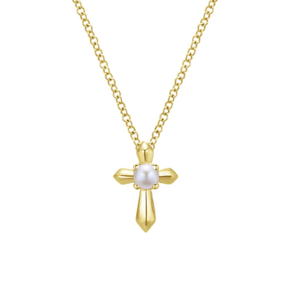 14K Yellow Gold Pearl Cross Pendant Necklace