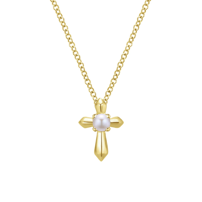 14K Yellow Gold Pearl Cross Pendant Necklace - Shot 1