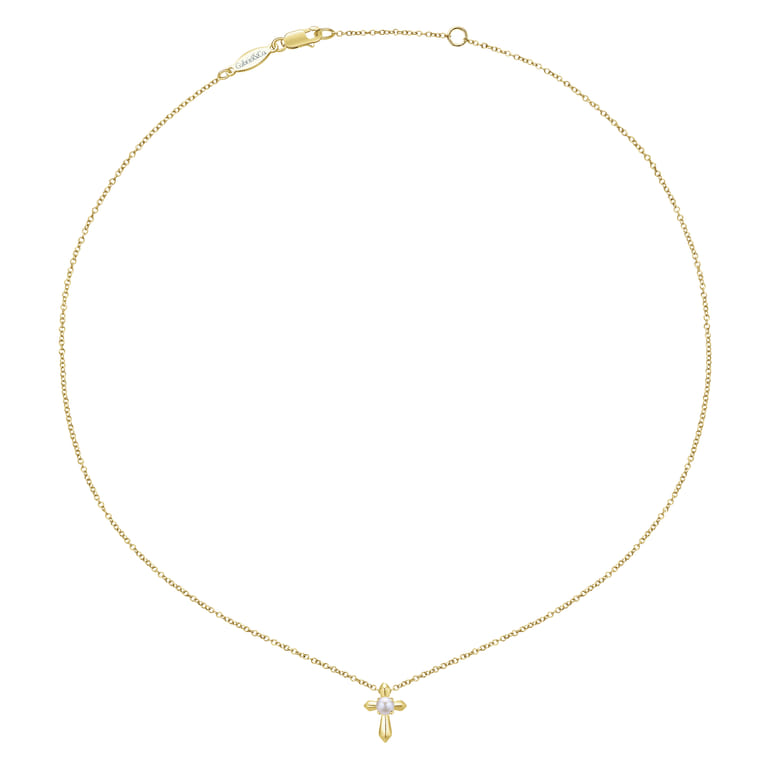 14K Yellow Gold Pearl Cross Pendant Necklace - Shot 2