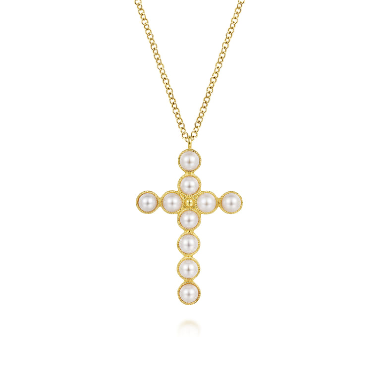 14K Yellow Gold Pearl Cross Pendant Necklace - Shot 1