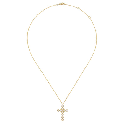 14K Yellow Gold Pearl Cross Pendant Necklace