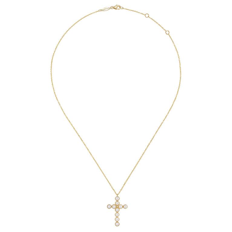 14K Yellow Gold Pearl Cross Pendant Necklace - Shot 2