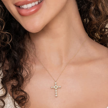 14K Yellow Gold Pearl Cross Pendant Necklace