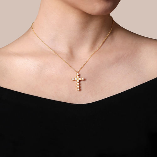 14K Yellow Gold Pearl Cross Pendant Necklace - Shot 3