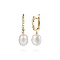 14K Yellow Gold Pearl Drop Diamond Huggies