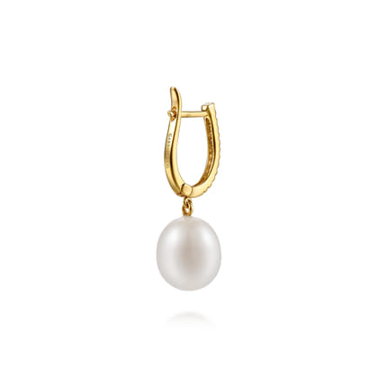 14K Yellow Gold Pearl Drop Diamond Huggies