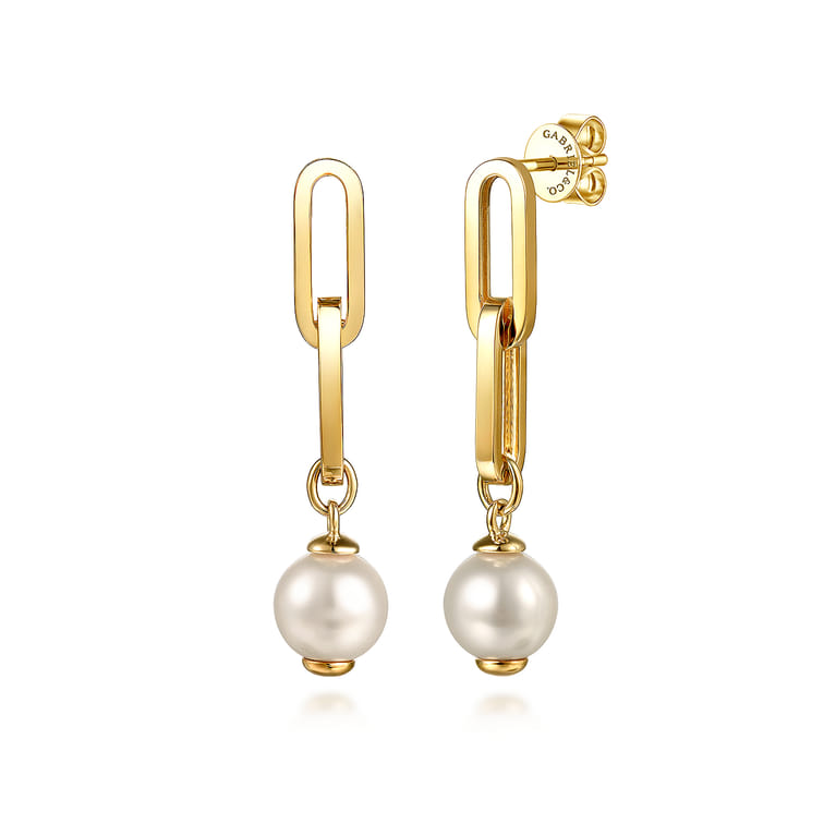 14K Yellow Gold Pearl Stud Drop Link Earrings - Shot 1