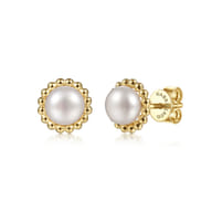 14K Yellow Gold Pearl Stud Earrings-Bujukan