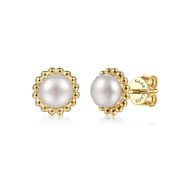 14K Yellow Gold Pearl Stud Earrings-Bujukan - Shot 1