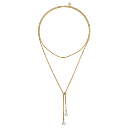 14K Yellow Gold Pearl Wrap Around and Tie Necklace