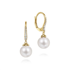 14K Yellow Gold Pearl and Diamond Leverback Earrings