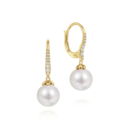 14K Yellow Gold Pearl and Diamond Leverback Earrings