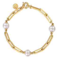 14K Yellow Gold Pearl and Hollow Link Station Chain Bracelet