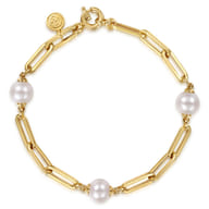 14K Yellow Gold Pearl and Hollow Link Station Chain Bracelet