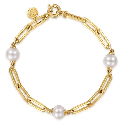 14K Yellow Gold Pearl and Hollow Link Station Chain Bracelet