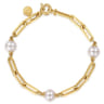 14K Yellow Gold Pearl and Hollow Link Station Chain Bracelet