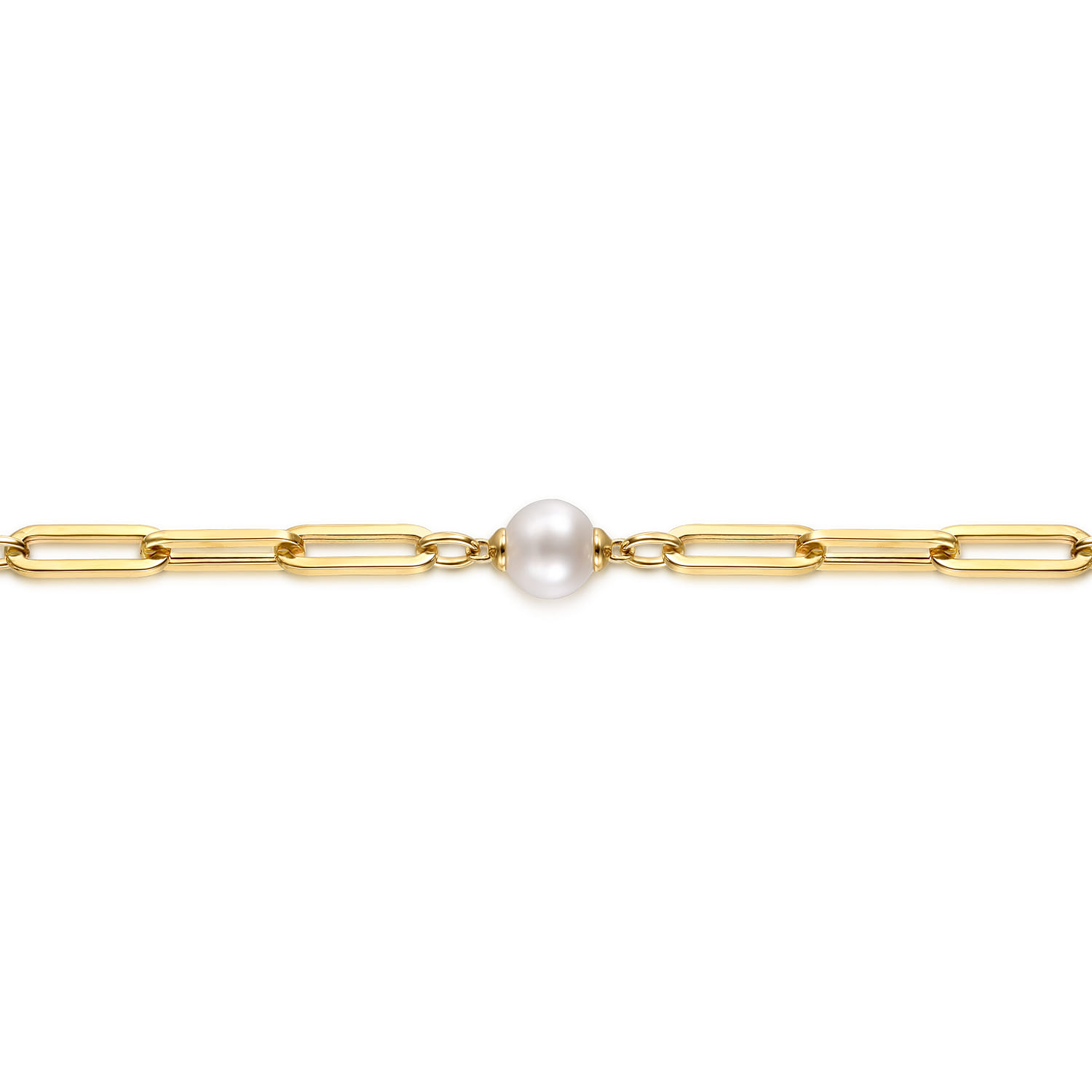 14K Yellow Gold Pearl and Hollow Link Station Chain Bracelet - Shot 2